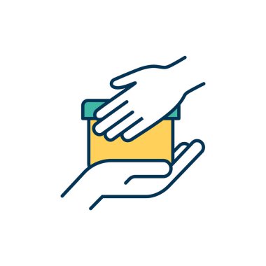 Ürün konumu RGB renk simgesi. Piyasayla ilgili ürünler. Hedef kitleye sunum yap. Müşterilere mal teslimatı. Nakliye, kurye servisi. İzole vektör illüstrasyonu