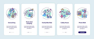Gezici uygulama sayfasında kavramları olan açık hava aile aktiviteleri. Piknik ve kamp yürüyüşü. 5 adım grafik talimatlar. RGB renk resimleriyle UI vektör şablonu