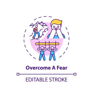 Korku konsepti ikonunun üstesinden gel. Aile bağı ipuçları. Yaşam tarzını değiştirmekten korkuyor. Olumlu hayal gücü fikri ince çizgi çizimi. Vektör izole edilmiş RGB renk çizimi. Düzenlenebilir vuruş