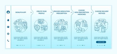 Online ilaç siparişi vektör şablonunda. Simgeli ilgili mobil web sitesi. Profilini Oluştur. Reçeteli ilaç verin. Web sayfası basamak ekranları. RGB renk kavramı