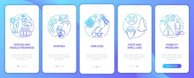 Post-covid sendromu konseptli mobil uygulama sayfası ekranında. Dispne ve saç dökülmesi. 5 adımlık grafik talimatlar. RGB renk resimleriyle UI vektör şablonu