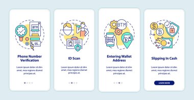 Bitcoin ATM doğrulaması mobil uygulama sayfası ekranına konseptlerle yükleniyor. Nakit ya da bankamatik kartı almak. 5 adımlık grafik talimatlar. RGB renk resimleriyle UI vektör şablonu