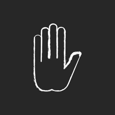 Siyah arkaplandaki beyaz tebeşir ikonunu durdurun. Bir şeyin yasağı. Avuç içi ve beş parmak. Kesin eylemlere kesin yasak. İzole edilmiş vektör karatahta çizimi