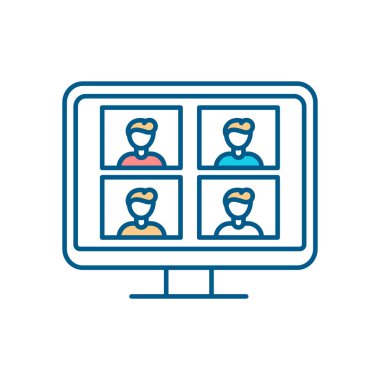 Sanal sınıf RGB renk simgesi. Eğitim teknolojisi. Öğretmen ve öğrenciler çevrimiçi iletişim kuruyorlar. Video konferansı. Dijital öğrenme ortamı. İzole vektör illüstrasyonu