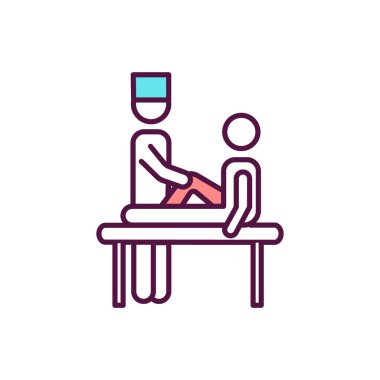 Teşhis prosedürü RGB renk simgesi. Hasta bölgeleri tespit ediyorum. Bacak ağrısı tedavisi. Şişkinliği azaltıyor, dizinde iltihap var. Hastalık, hastalık tespiti. Spor sakatlığı. İzole vektör illüstrasyonu