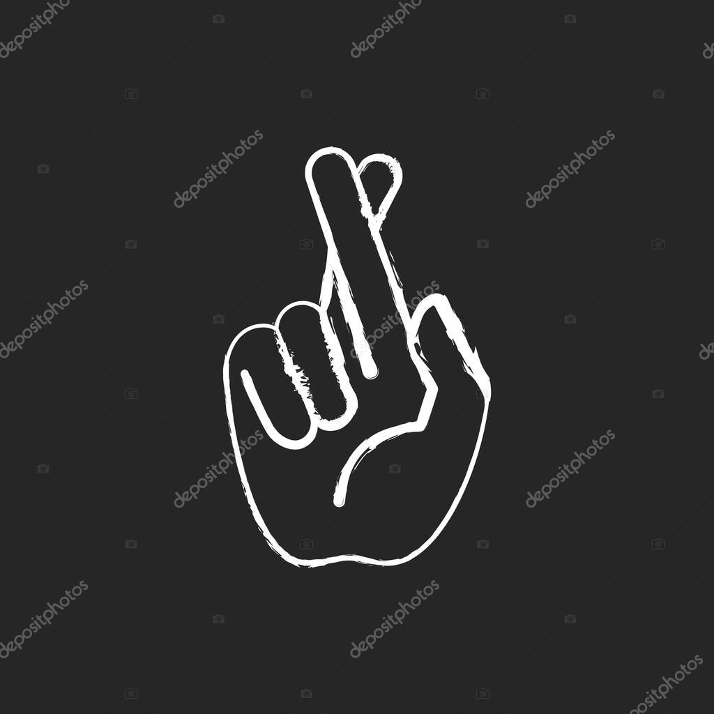 Crossed fingers chalk white icon on black background. Hand gesture used to wish for luck. Keep your fingers crossed. Implore God for protection. Isolated vector chalkboard illustration