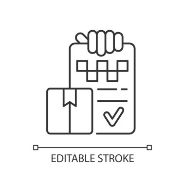 Paket teslimatı doğrusal simgesi. Çevrimiçi sipariş. Hızlı Kurye Nakliye Servisi. İnternetten aldım. İnce çizgi özelleştirilebilir illüstrasyon. Contour sembolü. Vektör izole çizim. Düzenlenebilir vuruş