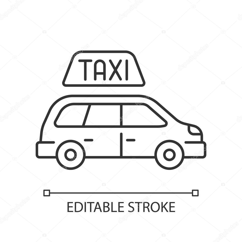 Minivan taxis linear icon. Van side view. Need to transport a large group of people. Roomy car. . Thin line customizable illustration. Contour symbol. Vector isolated outline drawing. Editable stroke