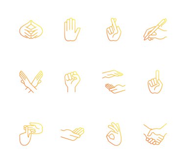 El hareketleri gradyan doğrusal vektör simgeleri ayarlandı. Bir parmak, işaret ediyor. Kalemle el yazısı. Parmakları sayıyorum. İnce çizgili sembol demetleri. İzole vektör ana hatları illüstrasyon koleksiyonu