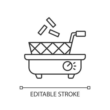 Kızartma doğrusal simgesi. Patates kızartması Ev yapımı elektrikli aletler. Küçük mutfak aletleri. İnce çizgi özelleştirilebilir illüstrasyon. Contour sembolü. Vektör izole çizim. Düzenlenebilir vuruş