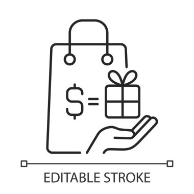 Hafif tema için bonus siyah doğrusal simge satın al. Alışveriş yapıyor ve indirim alıyor. İnce çizgi özelleştirilebilir illüstrasyon. Gece modu için izole vektör kontur sembolü. Düzenlenebilir vuruş