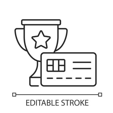 Işık teması için kredi kartı siyah doğrusal simgesini ödüllendirir. Satın alma ve para iadesi. İnce çizgi özelleştirilebilir illüstrasyon. Gece modu için izole vektör kontur sembolü. Düzenlenebilir vuruş