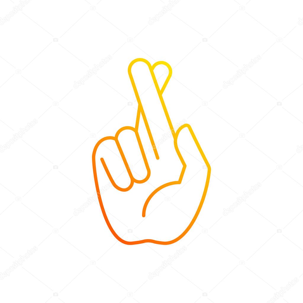 Crossed fingers gradient linear vector icon. Hand gesture used to wish for luck. Keep your fingers crossed. Thin line color symbols. Modern style pictogram. Vector isolated outline drawing