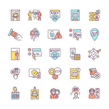 Banka güvenliği RGB renk simgeleri ayarlandı. Mali enstrüman. Yeterli ışıklandırma. Kilitli kapılar çalışıyor. Dolandırıcılar ve soyguncular. Para çekmek için bir makine. İzole vektör çizimleri