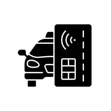 Temassız ödeme siyah glyph simgesi. Ödeme çevrimiçi. Takside peşinat yok. Modern ödeme sistemi. Beyaz boşlukta parasız ödemeler silueti sembolü. Vektör izole illüstrasyonu