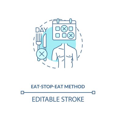 Ye-dur-ye metodu mavi konsept ikonu. Kilo vermek için diyet. Beslenme ve sağlık hizmetleri. Aralıklı olarak oruç tutma fikri ince çizgi çizimi. Vektör izole edilmiş RGB renk çizimi. Düzenlenebilir vuruş