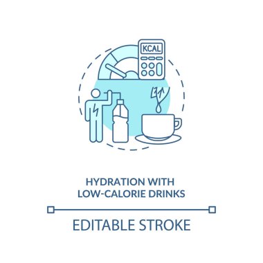 Düşük kalorili hidrasyon mavi konsept ikonu içer. Kilo kaybı. Beslenme ve zindelik. Aralıklı olarak oruç tutma fikri ince çizgi çizimi. Vektör izole edilmiş RGB renk çizimi. Düzenlenebilir vuruş