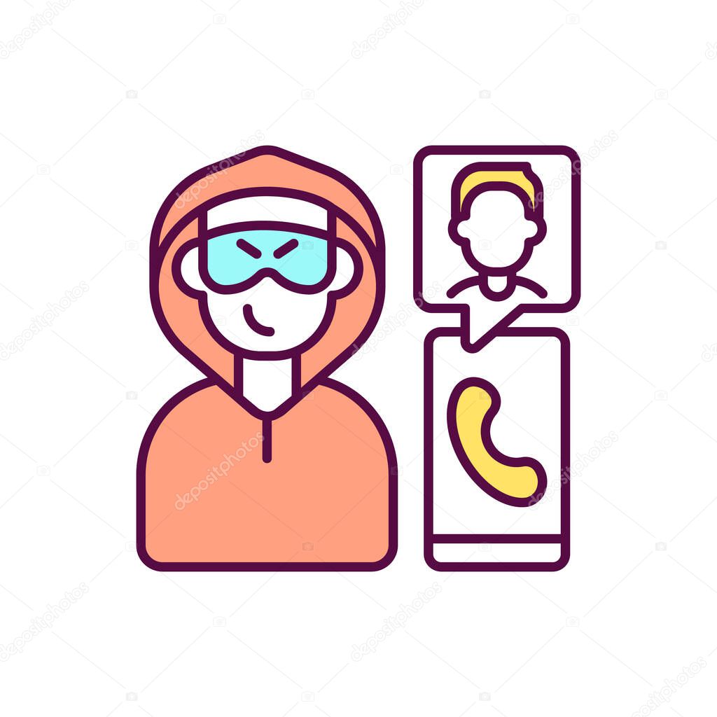 Phone scammers RGB color icon. Type of fraud. Information technologies. Unauthorized actions and misuse of resources. Using smartphone. Theft personal data. Isolated vector illustration