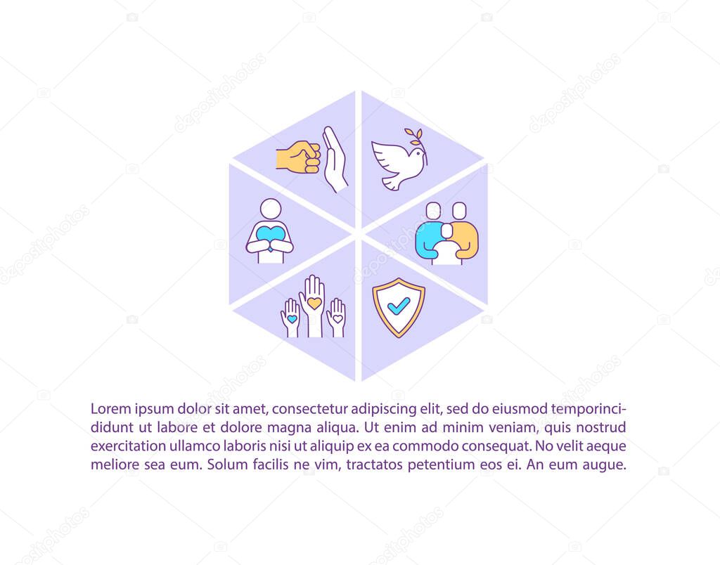 Peace and unity concept icon with text. Religious values. Social acceptance. Freedom of faith. PPT page vector template. Brochure, magazine, booklet design element with linear illustrations