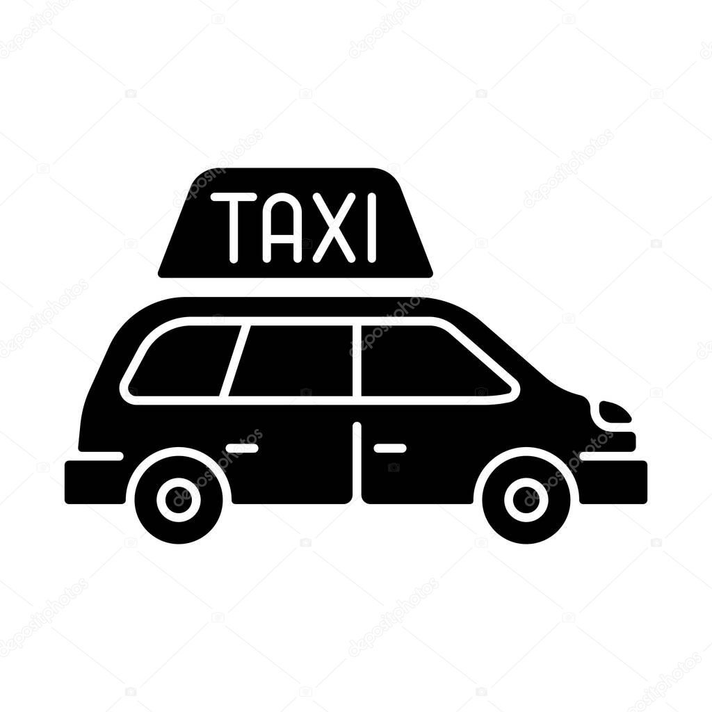 Minivan taxis black glyph icon. Van side view. Need to transport a large group of people. Roomy car. Modern taxi service. Silhouette symbol on white space. Vector isolated illustration