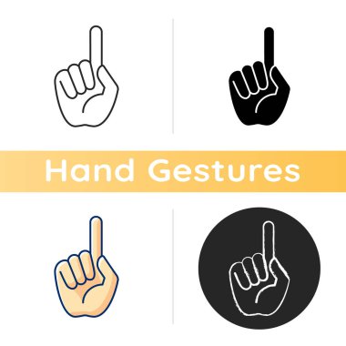 Bir parmak gösterme ikonu. İşaret parmağıyla bir şeyi işaret etmek. Dikkat gerektiren bir işaret. Retorik resepsiyon. Lineer siyah ve RGB renk stilleri. İzole vektör çizimleri