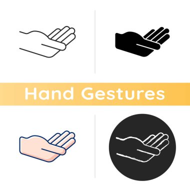 El ele tutuşma ikonu. İletişim elemanları. İnsan palmiyesi nesneyi birchily destekler. Nesne yerleştirme için boş palmiye alanı. Lineer siyah ve RGB renk stilleri. İzole vektör çizimleri