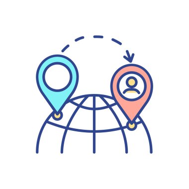 Yurtdışına seyahat et RGB renk simgesi. Yabancı bir ülkeye taşınıyorum. Eğitim, iş, eğlence turu. Yeni bir dil çalışıyorum. Başka yerleri ziyaret ediyorum. Yeni bir çevre öğreniyorum. İzole vektör illüstrasyonu