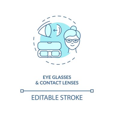 Gözlük ve lens konsept simgesi. Göz hastalıkları tedavi yöntemleri. Görüş hastalıkları tedavi ekipmanları fikri ince çizgi çizimi. Vektör izole edilmiş RGB renk çizimi. Düzenlenebilir vuruş