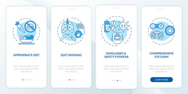 Göz sağlığı bilgileri mobil uygulama sayfa ekranında konseptlerle birlikte. 4 aşamalı görsel talimatları kaydetmek için sigarayı bırak. RGB renk resimleriyle UI vektör şablonu