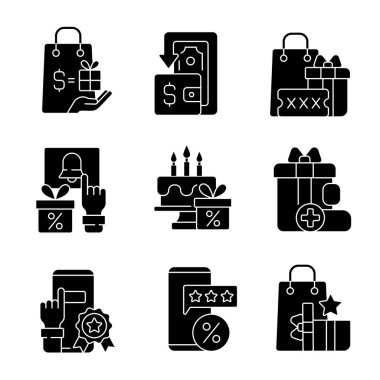 Nakit para ve maliyet azaltma simgeleri beyaz alana ayarlandı. Finansal işlemler. Bir şeyler almak için bir hediye. Sadakat programı. Siluet sembolleri. Vektör izole illüstrasyonu