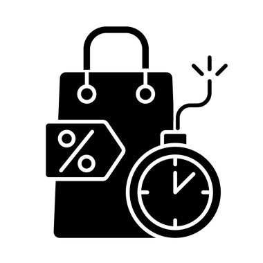 Sınırlı zaman diliminde siyah kabartma simgesi sunuluyor. İndirim tipleri. Özel hediye ve ödül alıcıları. Satın alma. Alışveriş yapıyordum. Beyaz uzayda siluet sembolü. Vektör izole illüstrasyonu