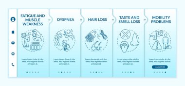 Yorgunluk ve kas zayıflığı vektör şablonunda. Koku ve tat kaybı. Hareket sorunu. Simgeli ilgili mobil web sitesi. Web sayfası basamak ekranları. RGB renk kavramı