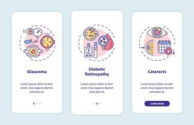 Yetişkinler, mobil uygulama sayfa ekranında konseptlerle ilgili göz hastalıkları yaşıyor. Glaukoma tedavisi süreci 3 aşamalı grafik talimatlar içeriyor. RGB renk resimleriyle UI vektör şablonu