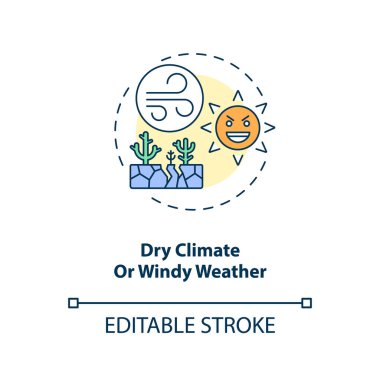 Kuru iklim ya da rüzgarlı hava konsepti ikonu. Kuru göz nedenleri. Gözlerinde bir şey olduğunu hissetmek ince çizgi çizimi fikri. Vektör izole edilmiş RGB renk çizimi. Düzenlenebilir vuruş