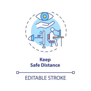 Güvenli mesafe konsepti simgesini koru. Dijital göz iltihabı önleyici ipuçları. Gözleri korumak için en iyi uygulama ince çizgi çizimi yapmaktır. Vektör izole edilmiş RGB renk çizimi. Düzenlenebilir vuruş