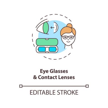 Gözlük ve lens konsept simgesi. Göz hastalıkları tedavi yöntemleri. Vizyon düzeltme ekipmanı fikri ince çizgi çizimi. Vektör izole edilmiş RGB renk çizimi. Düzenlenebilir vuruş