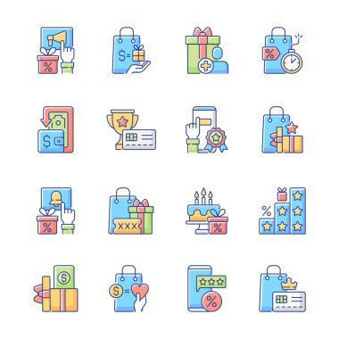 Bağlılık programı RGB renk simgeleri ayarlandı. Bir şeyler almak ve ikramiye almak. İleride satın almak için indirim kartı alıyorum. Ödül kartı. Alışveriş yapıyordum. İzole vektör çizimleri