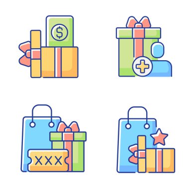 Satın alma indirimleri ve RGB renk simgeleri seti. İndirim kuponları ve promosyon kodları. Müşteriler para ve ikramiye harcıyor. İzole vektör çizimleri