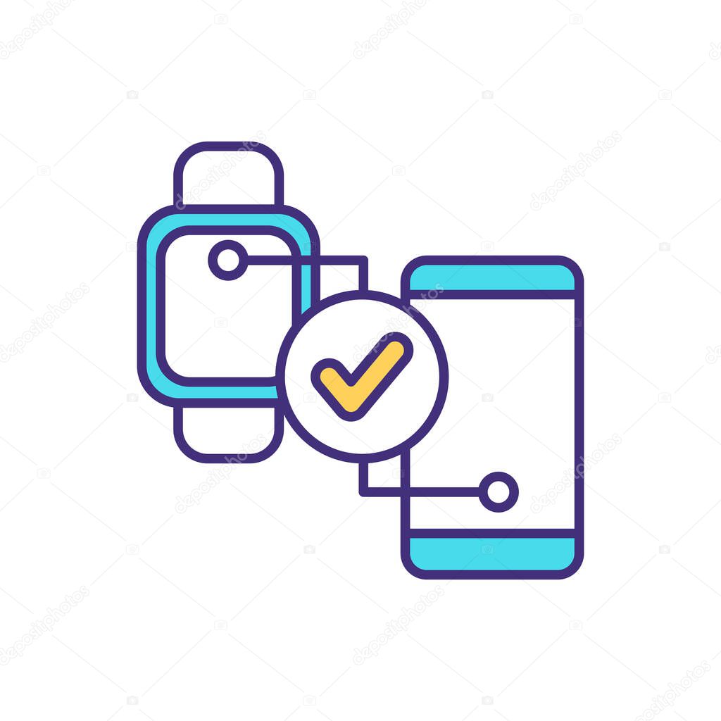 Pairing devices RGB color icon. Establishing connection process. Smartwatch to smartphone syncing. Re-connection. Wireless, network options. Connected devices. Isolated vector illustration