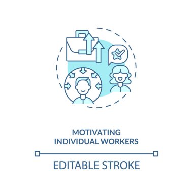 İşçilerin bireysel konsept ikonu motivasyonu. Çalışanların iyi çalışmaları için motivasyon bul ince çizgi çizimi. İlham. Vektör izole edilmiş RGB renk çizimi. Düzenlenebilir vuruş