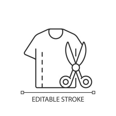 Giysi doğrusal simgesi yeniden boyutlandırılıyor. Kıyafet restorasyonu. Hasarlı gömlek. Kıyafeti makasla onarıyorum. İnce çizgi özelleştirilebilir illüstrasyon. Contour sembolü. Vektör izole çizim. Düzenlenebilir vuruş