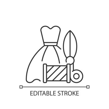 Gelinlik ve balo elbisesi değişiklikleri doğrusal simge. Profesyonel atölyede dikiş dikmek ve tamir etmek. İnce çizgi özelleştirilebilir illüstrasyon. Contour sembolü. Vektör izole çizim. Düzenlenebilir vuruş