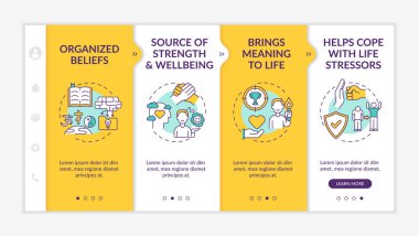 Dini deneyim vektör şablonunda. Sağlığın kaynağı, gücün kaynağı. Hayat stresleriyle başa çıkmada yardımcı oluyor. Simgeli ilgili mobil web sitesi. Web sayfası basamak ekranları. RGB renk kavramı