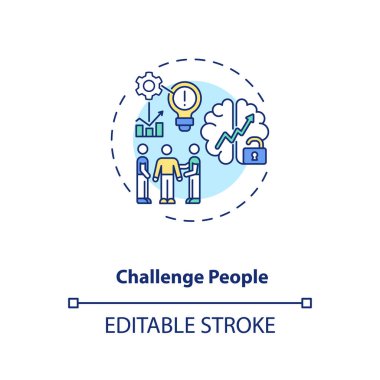 İnsanların konsept ikonuna meydan oku. Efor ve yaratıcılık fikrinden esinlenerek ince çizgi çizimi. Sözcüler ve vaizler. Vektör izole edilmiş RGB renk çizimi. Düzenlenebilir vuruş