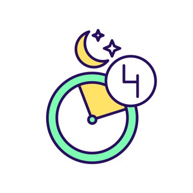 Gece yarısı RGB renk simgesi. Aralıklı oruç. Saat başı 4 saat. Diyet programı. Uyku ve sindirme, metabolizma gelişimi. İzole vektör illüstrasyonu