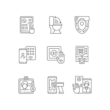 Temassız teknoloji doğrusal simgeler ayarlandı. Cihaz vasıtasıyla etkileşimli akıllı ev aygıtları. Özelleştirilebilir ince çizgi şekilleri. İzole vektör çizimi çizimleri. Düzenlenebilir vuruş