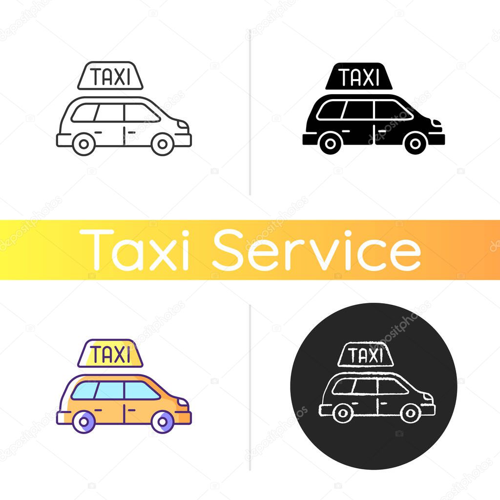 Minivan taxis icon. Van side view. Need to transport a large group of people. Car ordering. Roomy car. Modern taxi service. Linear black and RGB color styles. Isolated vector illustrations