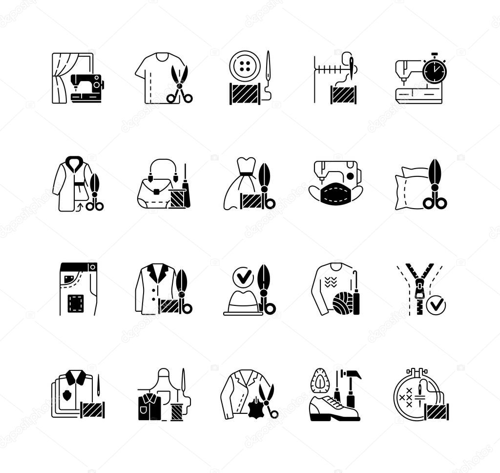 Clothing alteration and repair services black linear icons set. Professional upholstery. Sewing machine. Garment restoration. Glyph contour symbols. Vector isolated outline illustrations