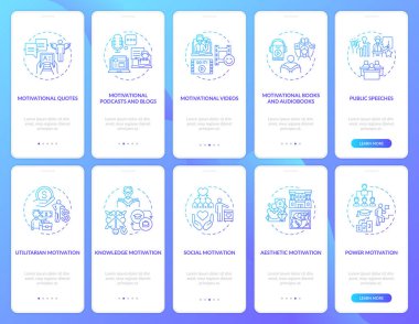 Mobil uygulama sayfası ekranında motivasyon içeriği ayarlandı. Hareketleri motive etmek için 5 aşamalı grafik talimatlar. RGB renk resimleriyle UI vektör şablonu