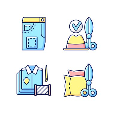 Kıyafet değiştirme servisi RGB renk simgeleri ayarlandı. Kot pantolon, kot pantolon. Şapka ve başlık. Toplu sipariş. Döşeme, giysi onarımı. Kıyafet tamir atölyesi. İzole vektör çizimleri